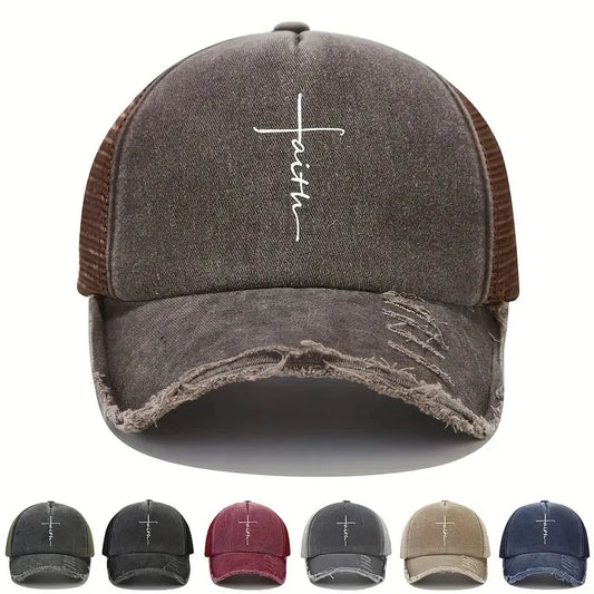 Sponge Washed Cotton Faith Print Baseball Cap Women Men Summer Mesh Breathable Trucker Duckbill Hat For Outdoor Tourism Leisur