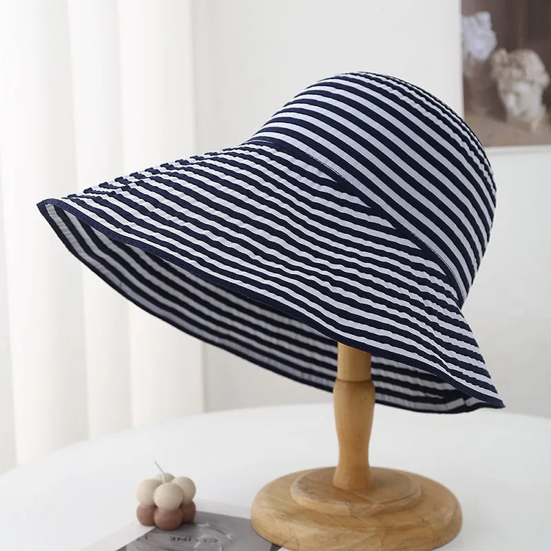 Women's Summer Wide Brim Sun Hat Striped Black & Beige Adjustable Asymmetrical Sunhat Beach Accessories Foldable New