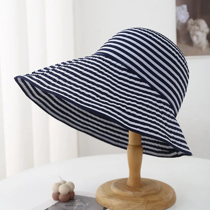 Women's Summer Wide Brim Sun Hat Striped Black & Beige Adjustable Asymmetrical Sunhat Beach Accessories Foldable New