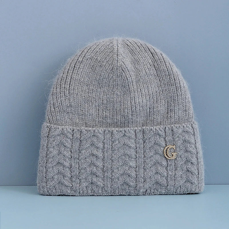 New Style Simple Chic Winter Hat G Letter Decor Rabbit Fur Beanie Elegant Winter Hats For Women Candy Colors Warm Knit Hats