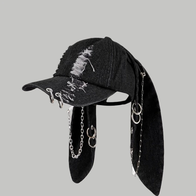 Dark Punk Rabbit Ears Peaked Hat Denim Hole Baseball Cap Women's Trendy Chain Hip-Hop Personalized Abby Style