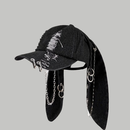 Dark Punk Rabbit Ears Peaked Hat Denim Hole Baseball Cap Women's Trendy Chain Hip-Hop Personalized Abby Style