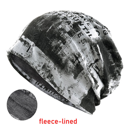 Letter Print Beanie Hat For Women Men Vintage Distressed Cracked Design Wasteland Style Warm Fleece-lined Skullis Beanie Winter