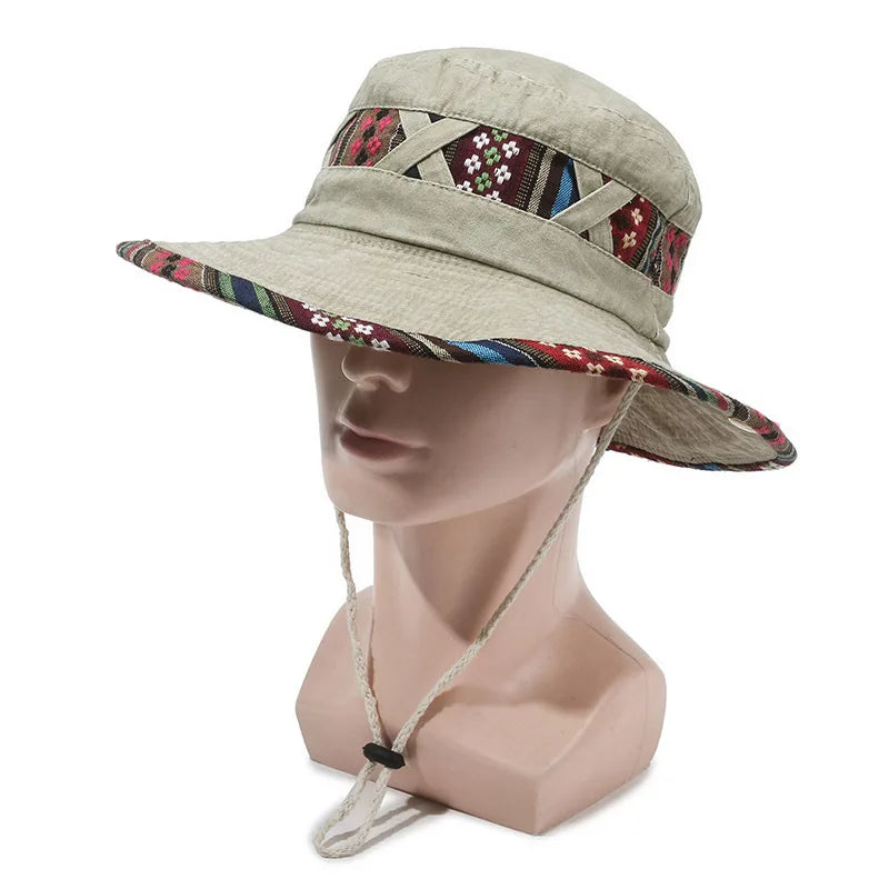 Personalized Ethnic Wind Bucket Hat Spring and Summer Outdoor Fashion Sun Hat Retro Wind Wash Old Street Wind Big Edge Hat