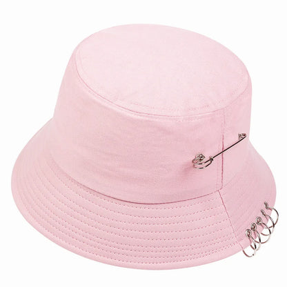 Solid Color iron pin rings personality Bucket Hat cap for unisex women men cotton fishermen caps
