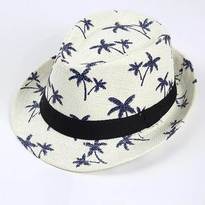 Sunshade Straw Hat Couple Breathable Mesh Beach Sun Hat Coconut Tree Pattern Men's and Women's Sunscreen Korean Jazz Gift Hat