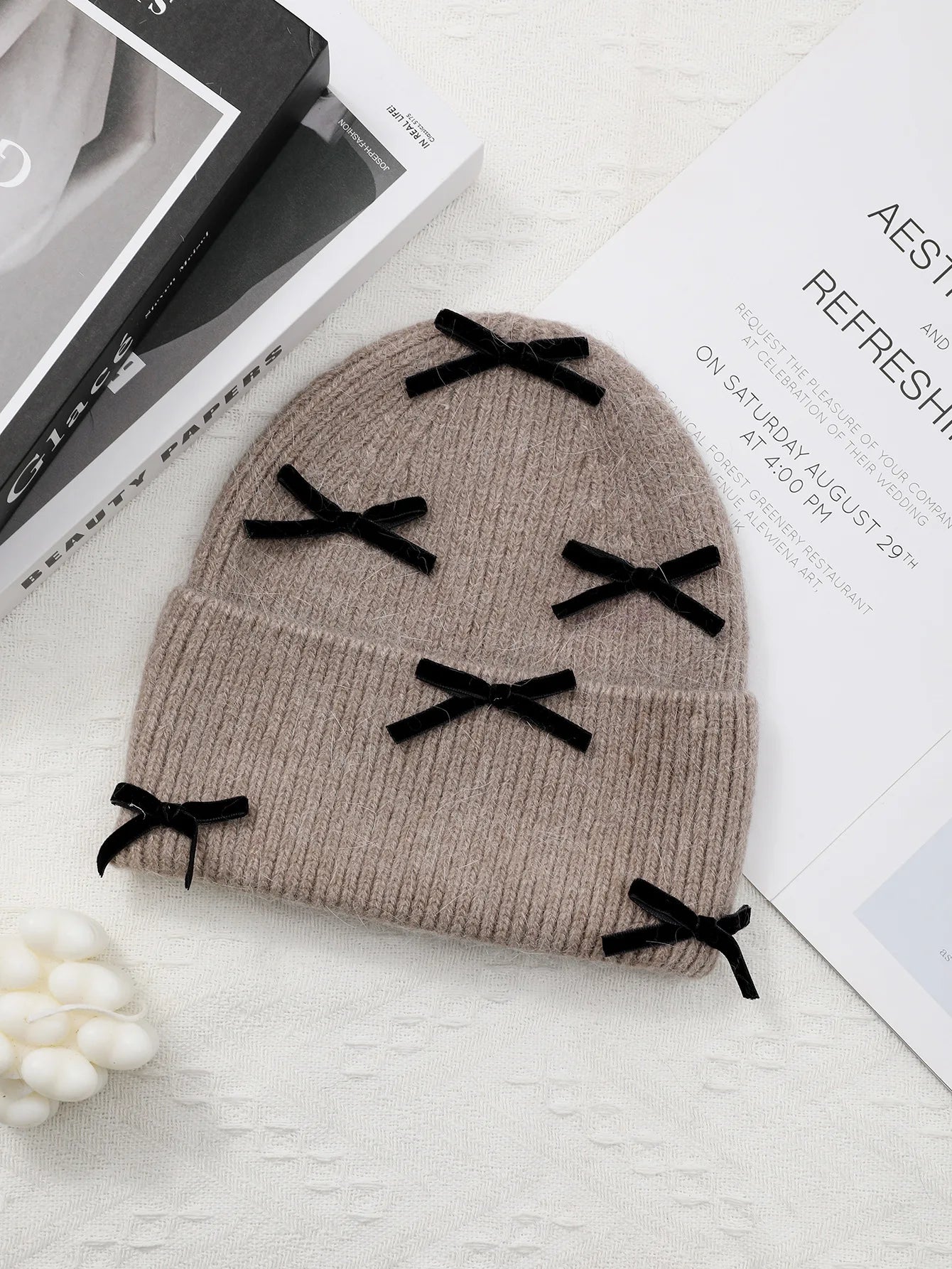 Luxury Rabbit Fur Knitted Hat Women Winter Warm Soft Bowknot Beanie For Women (elegant Solid Colors) | Cozy Fur Lined Baggy Cap