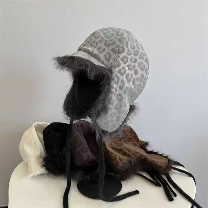 Unisex Leopard Print Winter Bomber Hat – Faux Mink Fur Ski Cap with Ear Protection