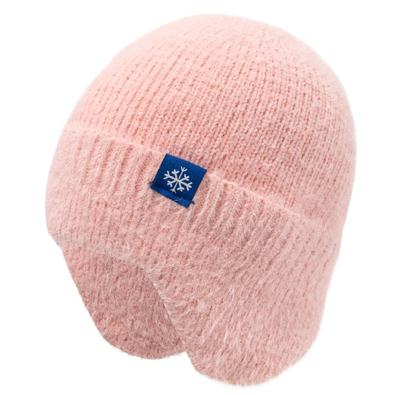 New Women Candy Colors Earflap Winter Hat Fashion Faux Fur Knitted Hat Kpop Style Soft Beanie Hats Female Streetwear Cap