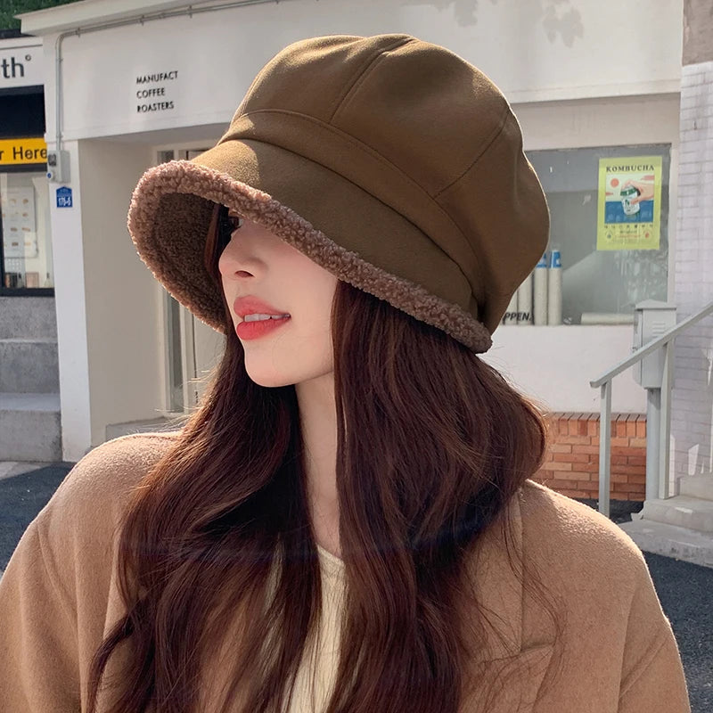 Beret Hat Women Winter Octagonal Hats For Women Retro Solid Color Velvet Newsboy Cap Female Keep Warm Gorro New Bucket Hat