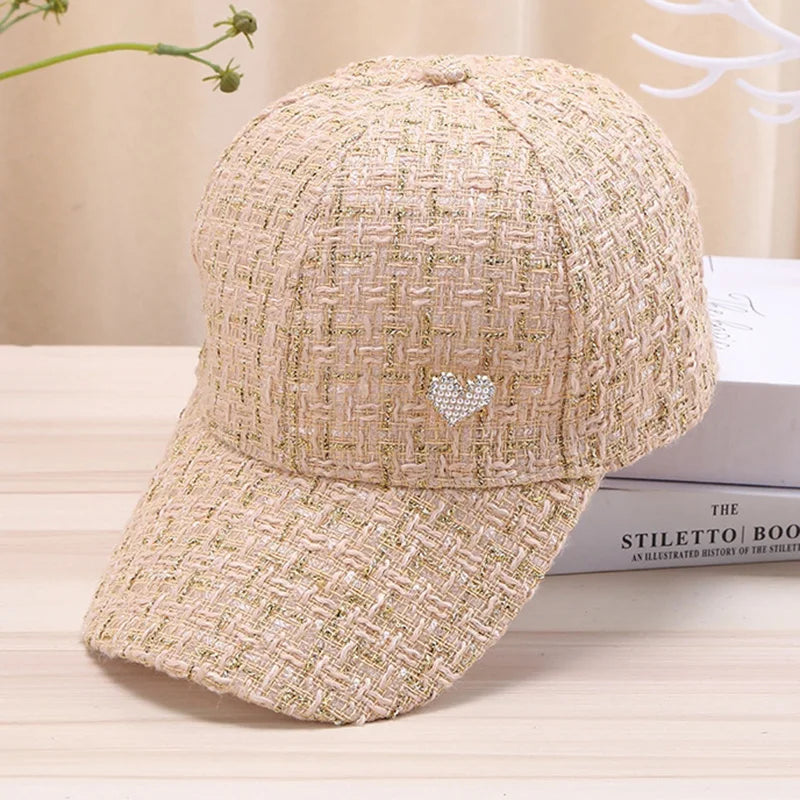 Stylish Women's Baseball Cap with Golden Thread Checkered Design - Breathable, Sun-Protective & Adjustable Fit for Outdoor Sport