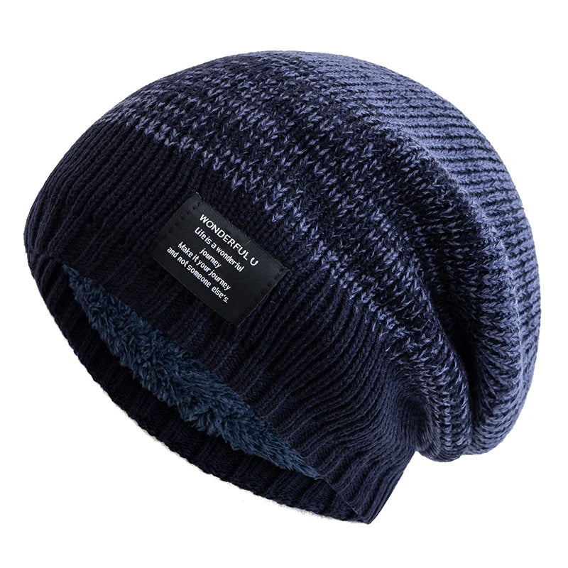 Hot Sale Women Slouchy Winter Hats Plush Fur Lined Beanie Cap Female Winter Mixing Color Label Decor Knitted Hats