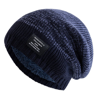Hot Sale Women Slouchy Winter Hats Plush Fur Lined Beanie Cap Female Winter Mixing Color Label Decor Knitted Hats