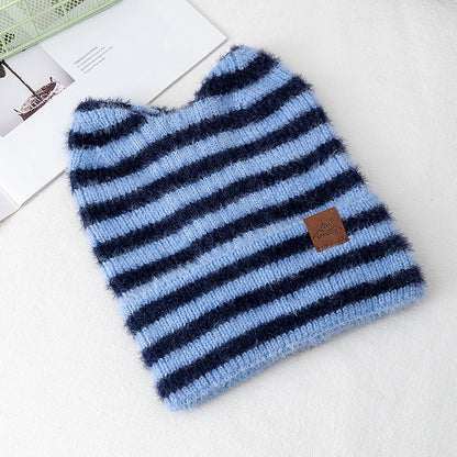 New Style Lovely Hat Cat Ear Beanie Cap Winter Hats For Women Y2K All Stripes Fashion Outdoor Warm Hat Beanie Warm Cap For Girl