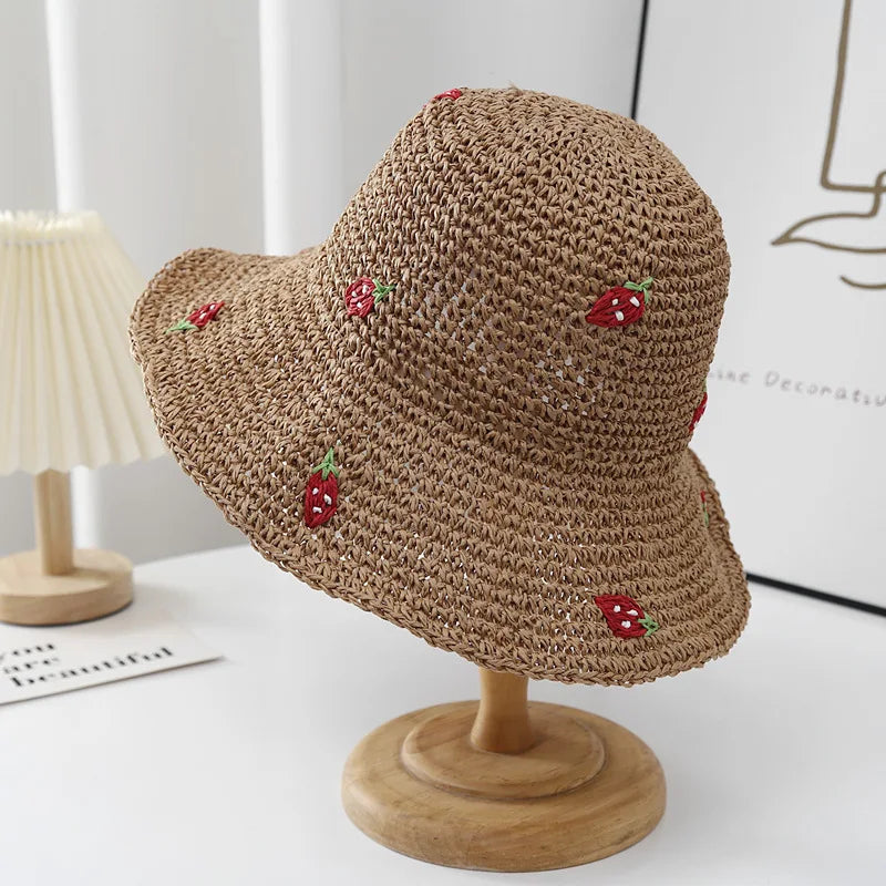 Summer Hat Women Strawberry Pattern Sunscreen Big Brim Fisherman Cap Sun Hat Foldable Sunshade Seaside Beach Accessories Sunhat