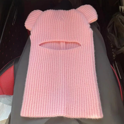 Warm Cycling Caps Winter Knitted Ski Scarf Hat Bear Ear Balaclava Hat Bonnets Beanie for Men Women Outdoor Sports Hooded