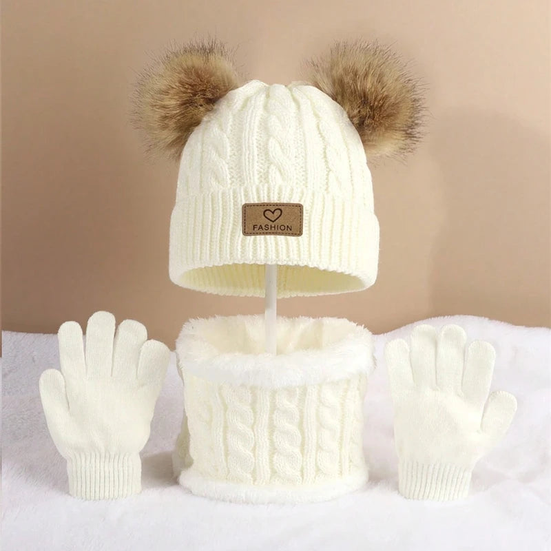 Toddler Kids Pom Pom Decor Beanie & Infinity Scarf & Gloves Boys Girls Winter Warm Suit