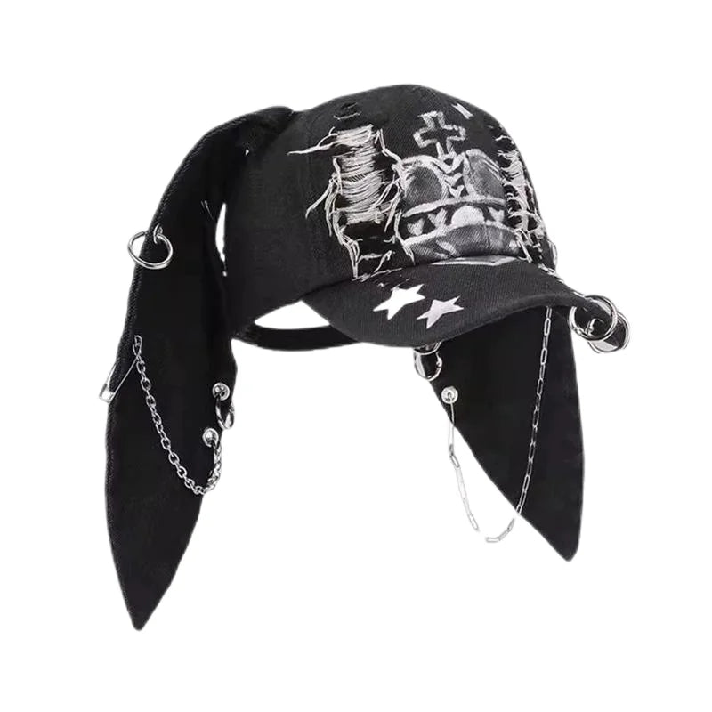 Korean Fashion Baseball Cap For Punk Ripped Retro Denim Jeans Graffiti Cool Long Rabbit Ear Street Hip Hop Sun Hats Visors