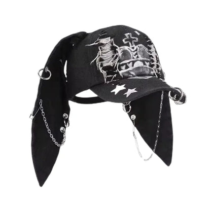 Korean Fashion Baseball Cap For Punk Ripped Retro Denim Jeans Graffiti Cool Long Rabbit Ear Street Hip Hop Sun Hats Visors