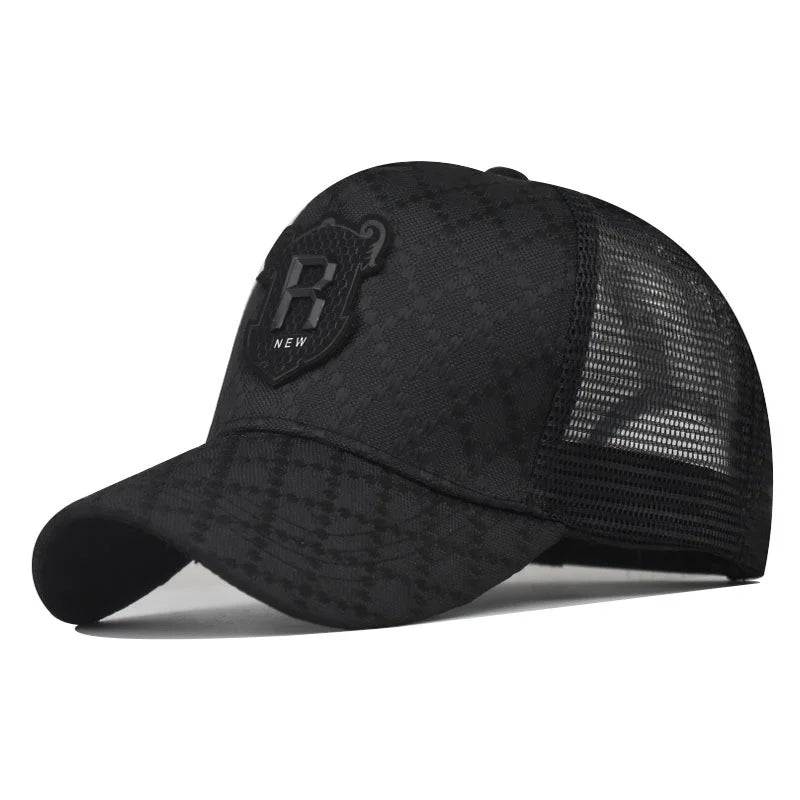 Unisex “R” Letter Icon Baseball Cap – Breathable Mesh Trucker Snapback Hip Hop Sports Sun Hat for Summer Outdoor Use