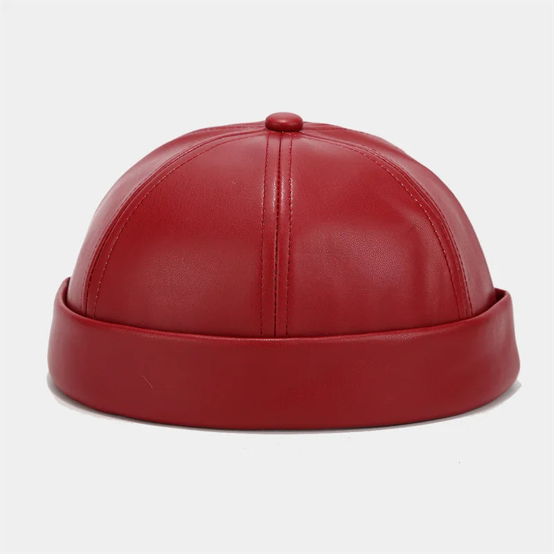 Unisex PU Leather Brimless Docker Cap – Retro Solid Color Hip Hop Melon Hat