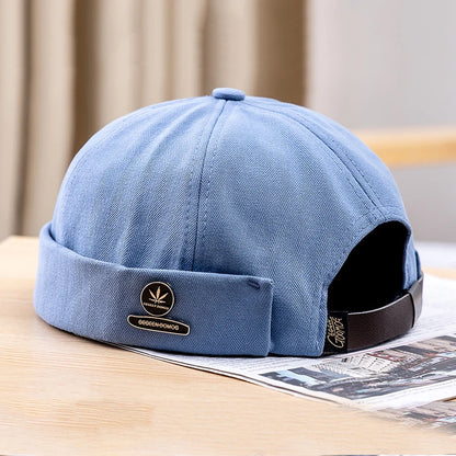 Unisex Vintage Docker Cap – Shark Embroidery Brimless Cotton Beanie Adjustable Dome Sun Hat