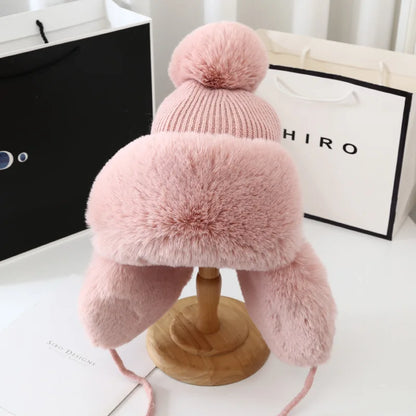 Fashion Lei Feng Hat For Women Autumn And Winter Trapper Earflap Ski Cap Female Thick Warm Beanie Hat Fur Pompom Russain Hat