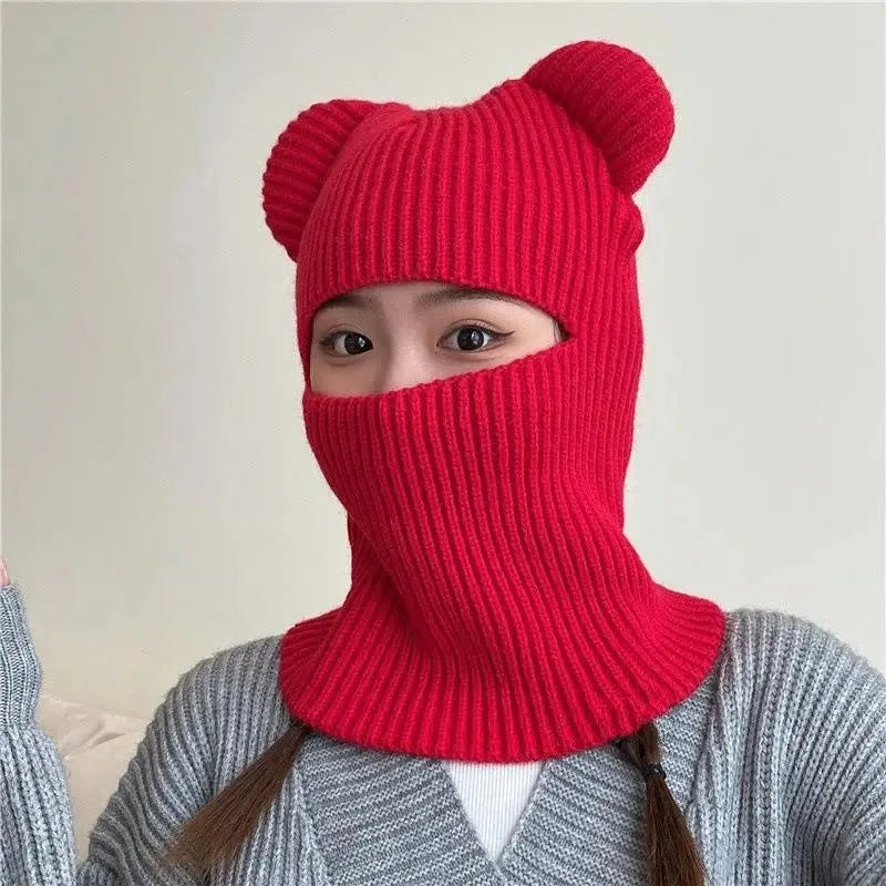 Warm Cycling Caps Winter Knitted Ski Scarf Hat Bear Ear Balaclava Hat Bonnets Beanie for Men Women Outdoor Sports Hooded