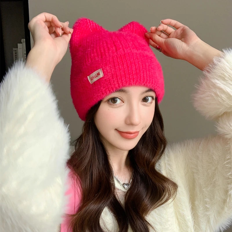 New Women Cute Cat Ear Earflap Winter Hat Fashion Faux Fur Knitted Hat Kpop Style Soft Beanie Hats Candy Female Streetwear Cap