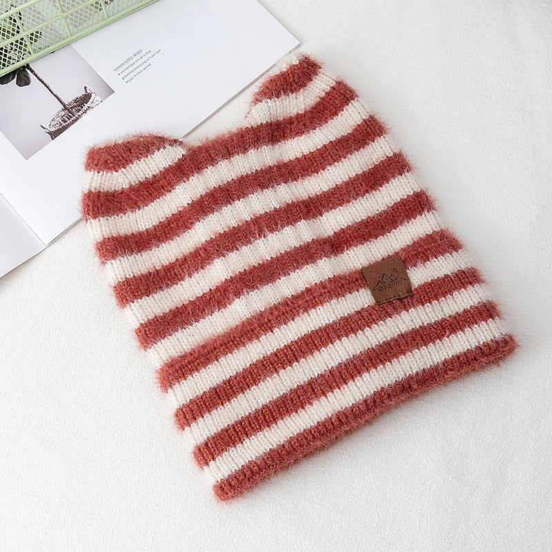 New Style Lovely Hat Cat Ear Beanie Cap Winter Hats For Women Y2K All Stripes Fashion Outdoor Warm Hat Beanie Warm Cap For Girl