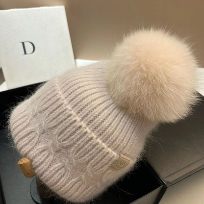 Winter Warm White Rabbit Fur Knitted Hat For Women 2025 Winter Beanie With Fox Fur Pompom Snow Outdoor Casual