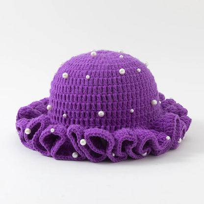 Fashion Handmade Crochet Bucket Hat for Woman Teen Outdoor Commute Fisherman Beanie Ruffled Brim Winter Windproof Carnival Cap