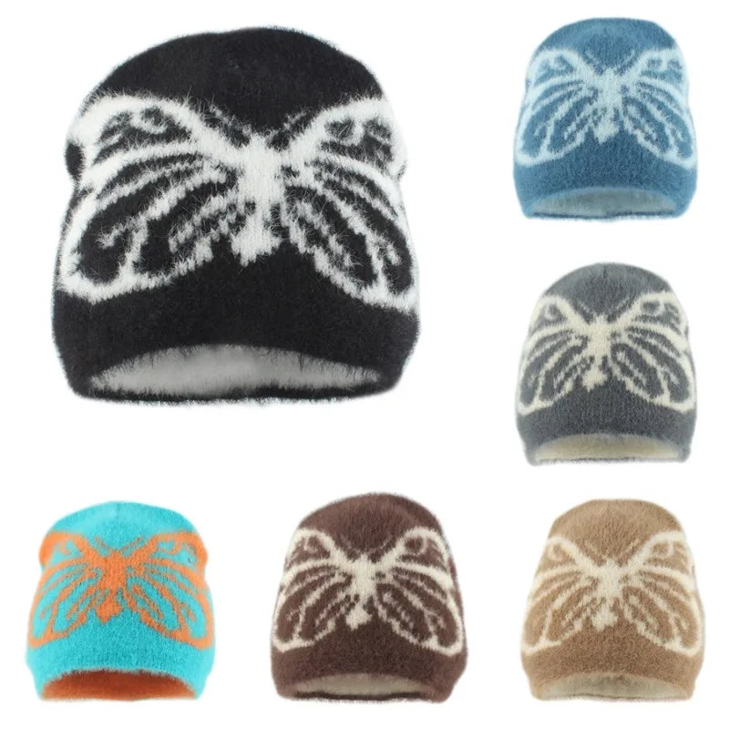 2024 Autumn and Winter New Mink Hair Knitted Hat Female Butterfly Jacquard Thickened Warm Plush Pullover Hat Versatile