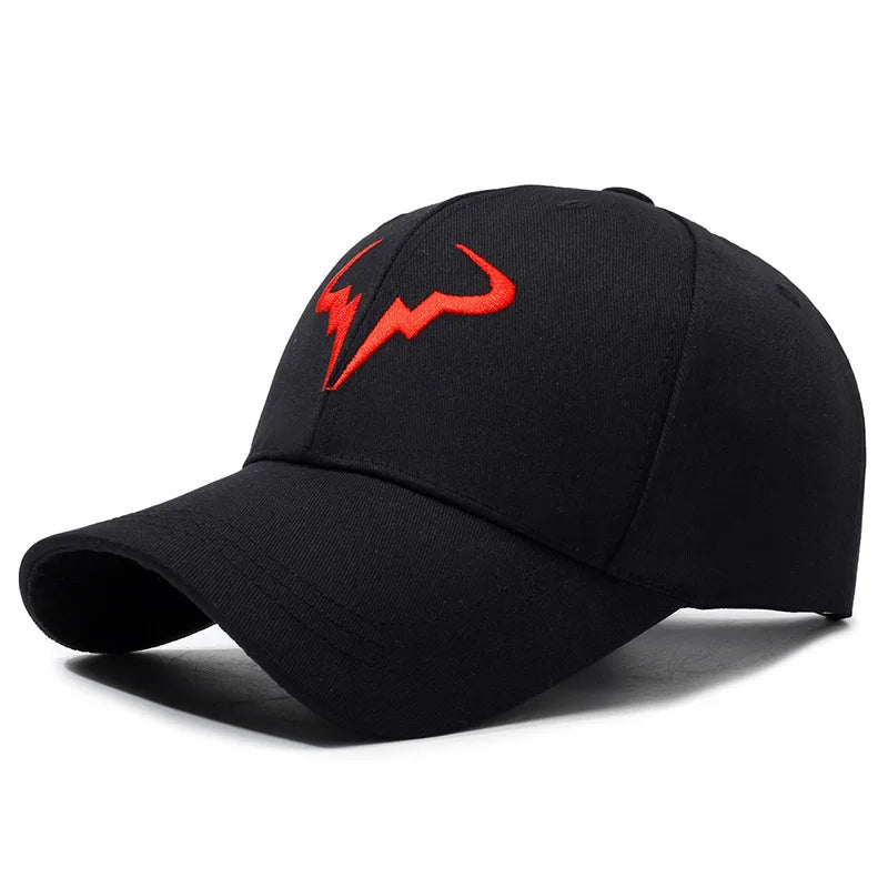 Black Baseball Cap with White Bull Logo Casual Outdoor Everyday Hat
