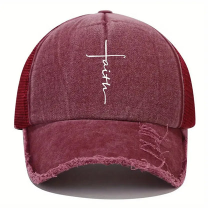 Sponge Washed Cotton Faith Print Baseball Cap Women Men Summer Mesh Breathable Trucker Duckbill Hat For Outdoor Tourism Leisur