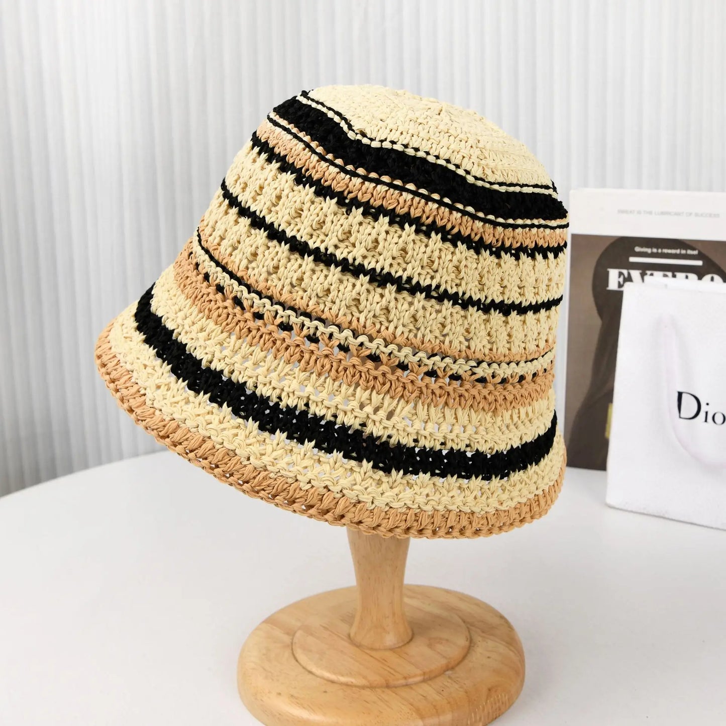 Korean New Striped Beach Vacation Fisherman Hat Gradient Versatile Round Top Beach Sun Protection and Sunshade Hat