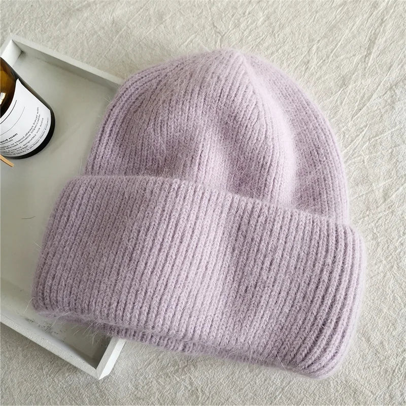 Fashion Warm Cashmere Wool Skullies Cap Angola Rabbit Fur Winter Knitted Beanies Women Female Ski Outdoor Solid Color Hats