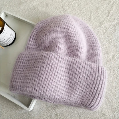 Fashion Warm Cashmere Wool Skullies Cap Angola Rabbit Fur Winter Knitted Beanies Women Female Ski Outdoor Solid Color Hats