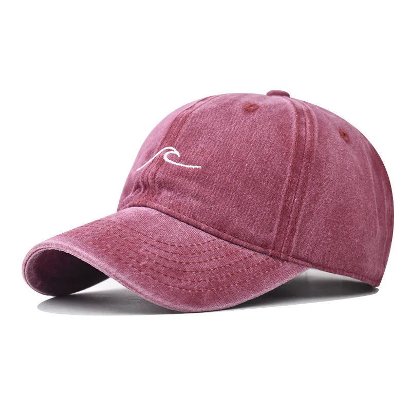 Unisex Washed Cotton Baseball Cap – Wave Embroidery Vintage Dad Hat Snapback