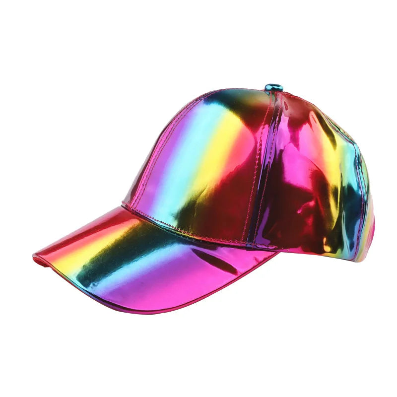 Unisex PU Rainbow Color-Changing Baseball Cap – Laser Hip Hop Snapback Shiny Party Hat