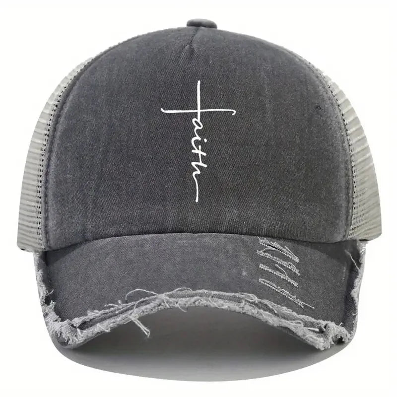 Sponge Washed Cotton Faith Print Baseball Cap Women Men Summer Mesh Breathable Trucker Duckbill Hat For Outdoor Tourism Leisur