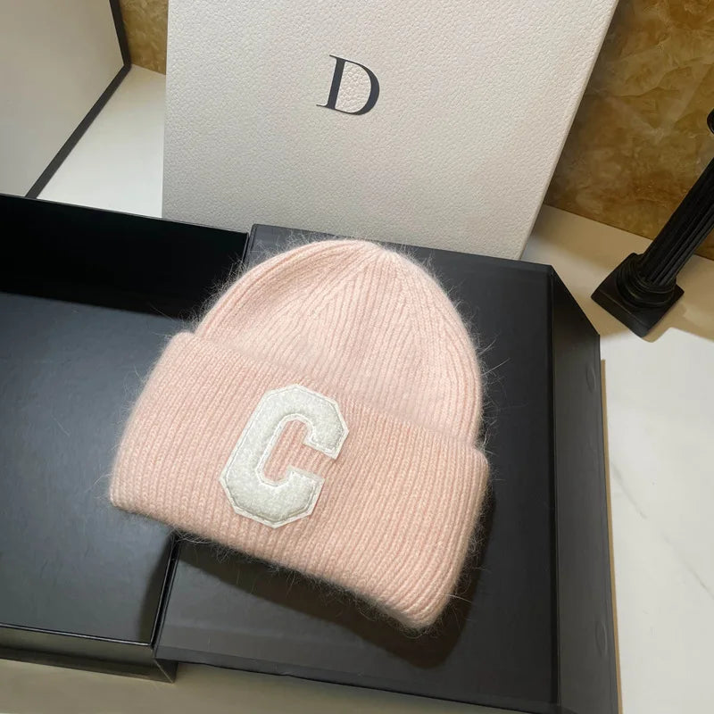 Unisex Fashion C Letter Desig Knitted Hat Winter Autumn Rabbit Fur Beanie Cap Brand Female Thicken Warm Skullies Caps bicycle