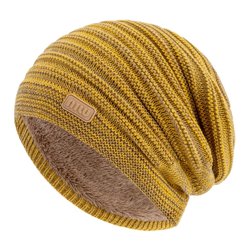 New Style Unisex Slouchy Winter Hats Men Women Striped Mix Warm Beanie Cap NIU Label Decor Plush Fur Lined Winter Knitted Hat