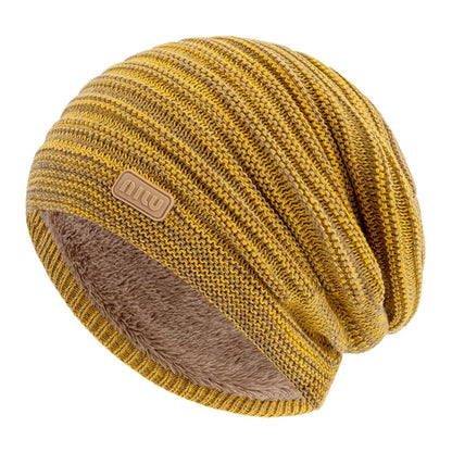 New Style Unisex Slouchy Winter Hats Men Women Striped Mix Warm Beanie Cap NIU Label Decor Plush Fur Lined Winter Knitted Hat