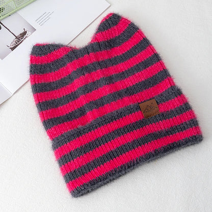 New Style Lovely Hat Cat Ear Beanie Cap Winter Hats For Women Y2K All Stripes Fashion Outdoor Warm Hat Beanie Warm Cap For Girl