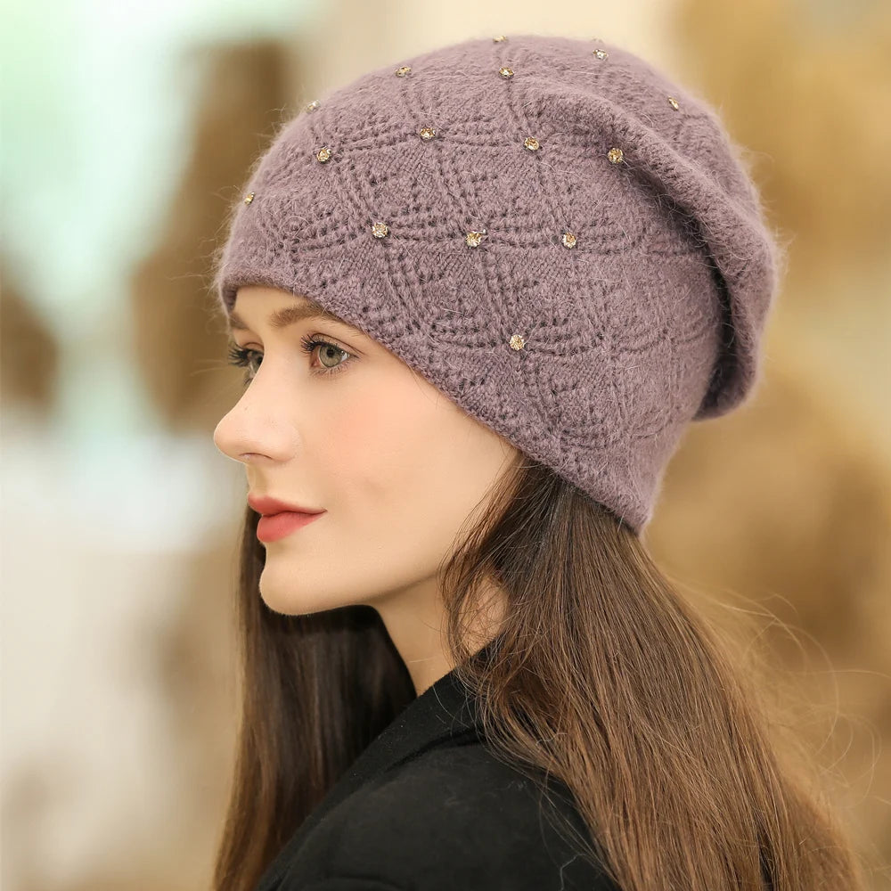 New Women Winter Hat Streetwear Rabbit Fur Blend Warm Cap Fashion Decorate Beanie Hat For Female Casual Knitted Hat
