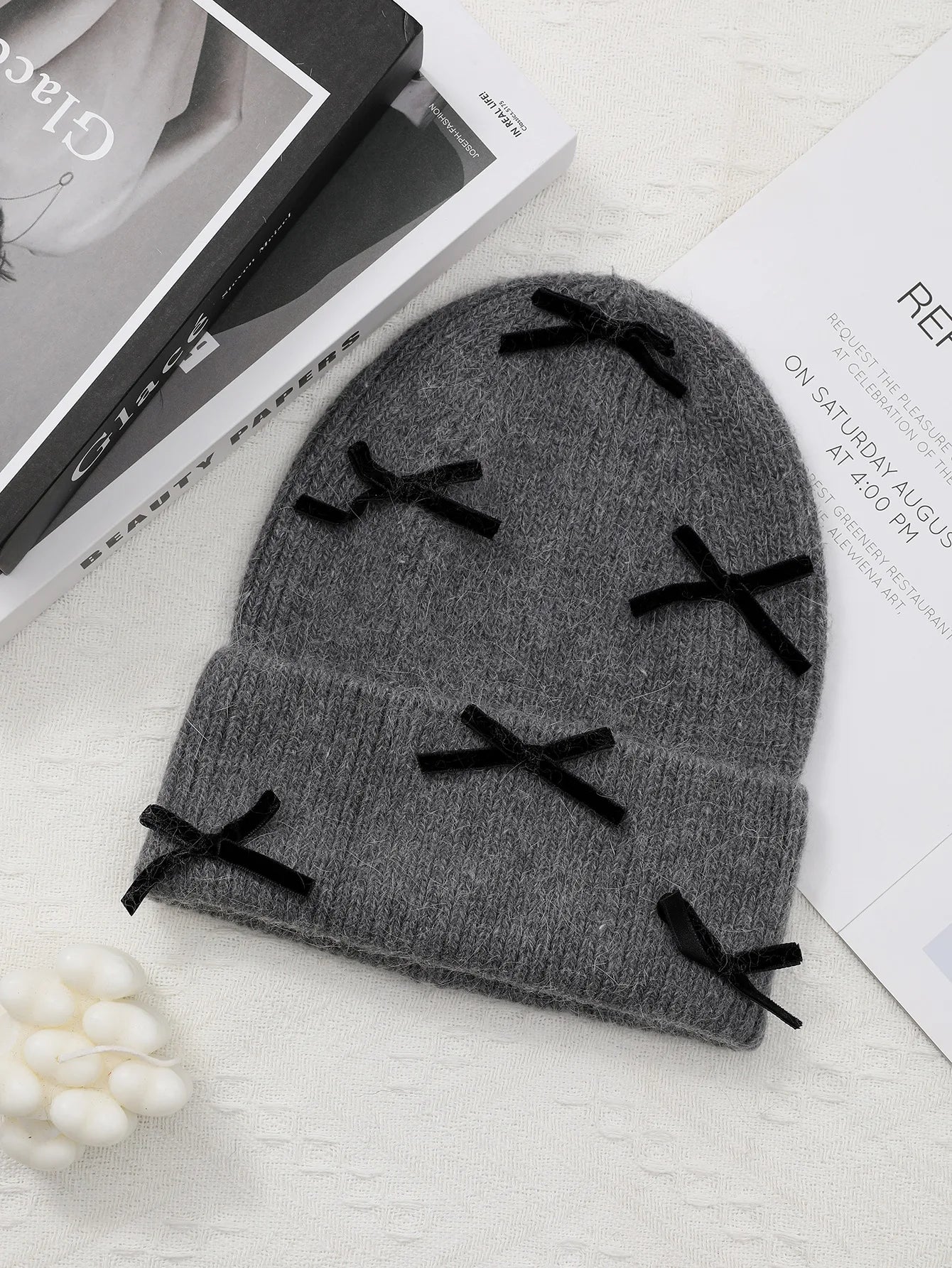 Luxury Rabbit Fur Knitted Hat Women Winter Warm Soft Bowknot Beanie For Women (elegant Solid Colors) | Cozy Fur Lined Baggy Cap