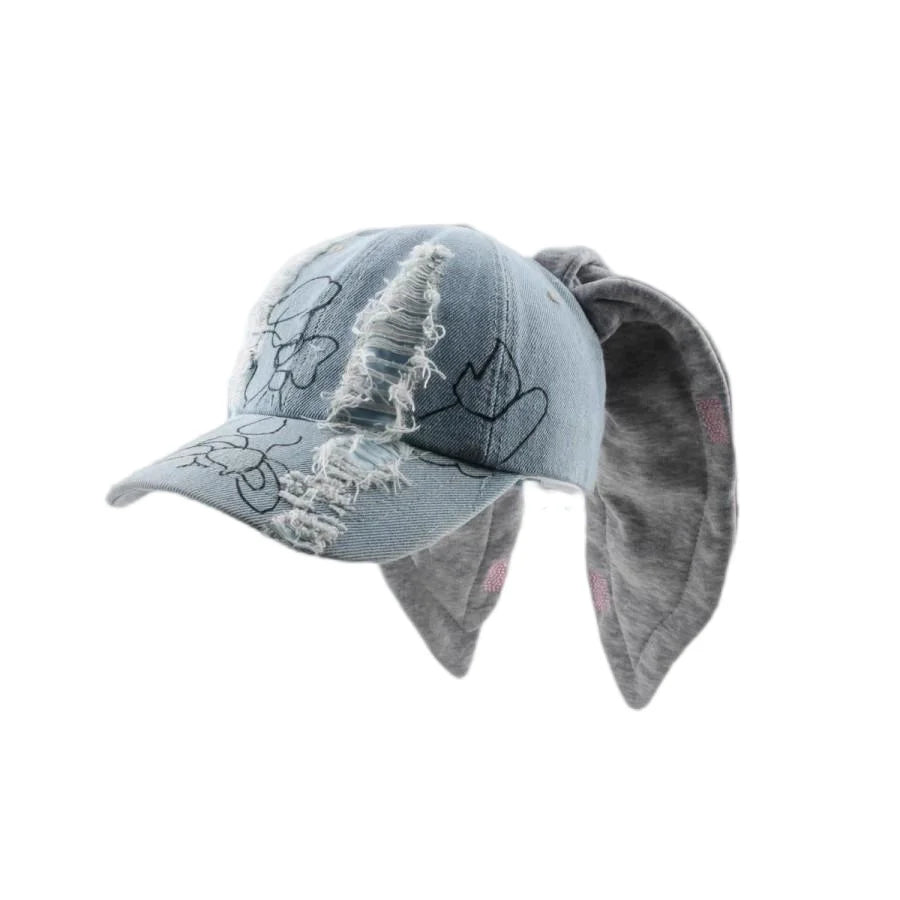 Korean Fashion Baseball Cap For Punk Ripped Retro Denim Jeans Graffiti Cool Long Rabbit Ear Street Hip Hop Sun Hats Visors