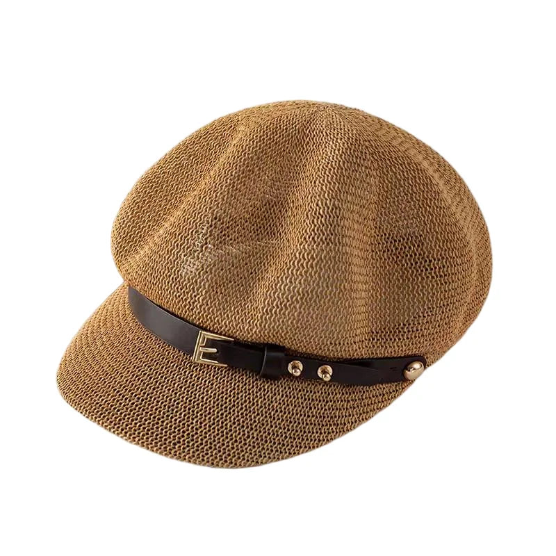 Hollow Breathable Leather Buckle Octagonal Hat  Classic Woven Straw Hat Casual Versatile Literary Sunshade Painter Hat