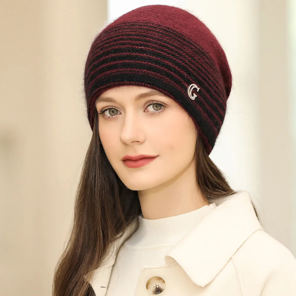 New Women Winter Hat Rabbit Fur Blend Warm Beanie Hat For Female Casual Streetwear G Letter Knitted Hat